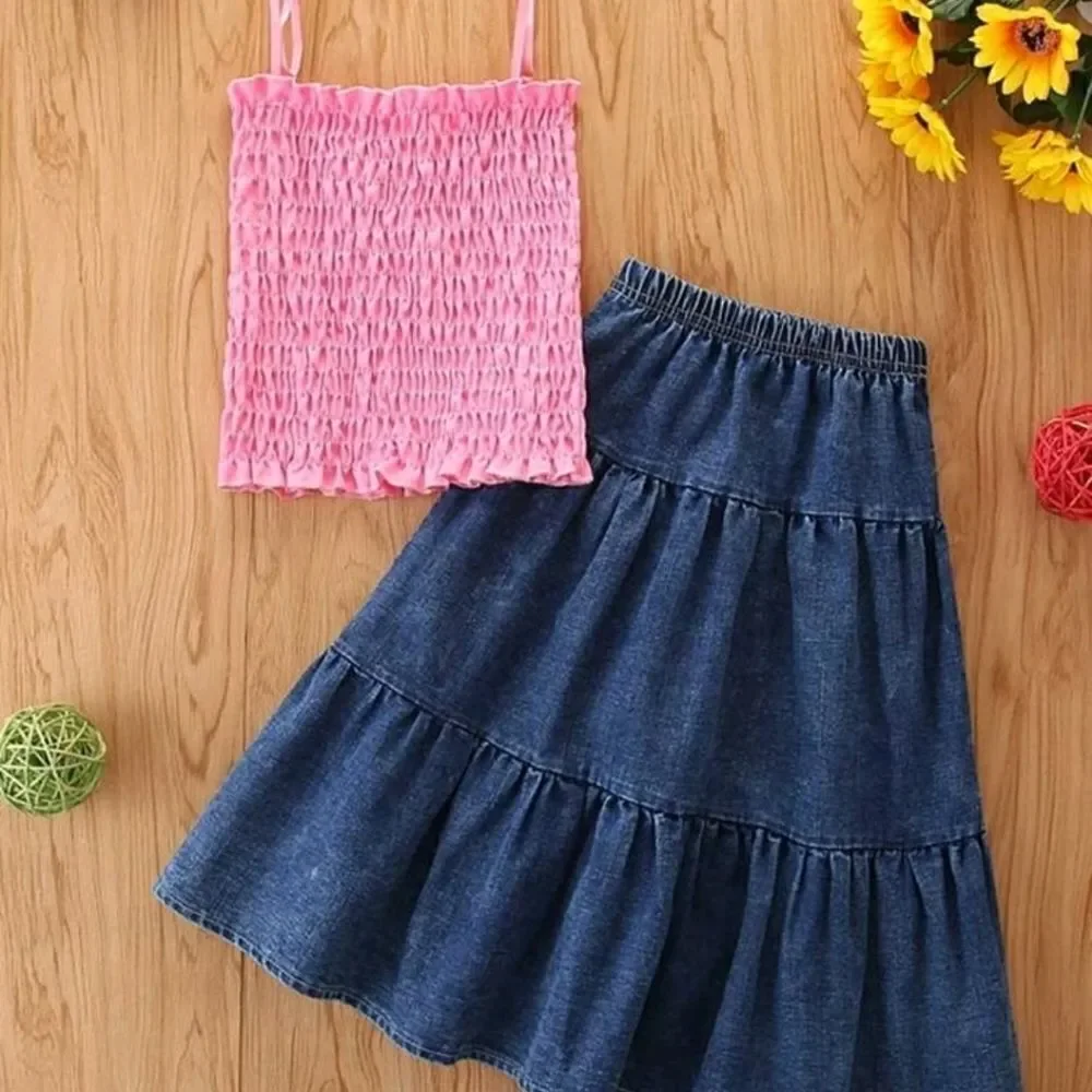 Toddler Girls Shirred Cami Top & Denim Sk